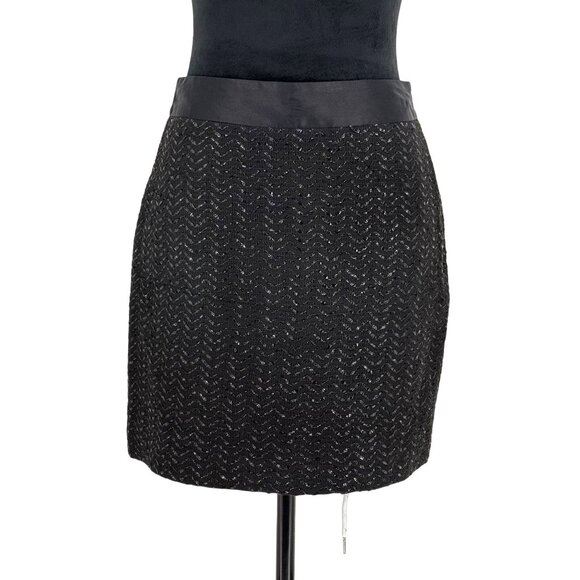 Vtg Milly NY Mini Skirt Womens M Black Chevron Shiney‎ Satin Textured A Line 80s - Picture 1 of 6